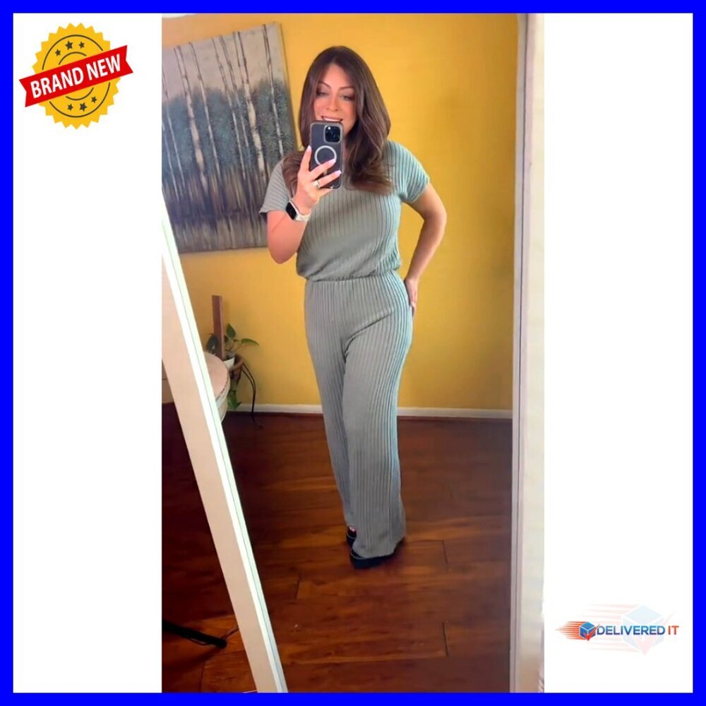 Ribbed Crewneck Jumpsuit Wide Leg Stretchy Casual Chic Loose Fit Romper - Picture 7 of 7